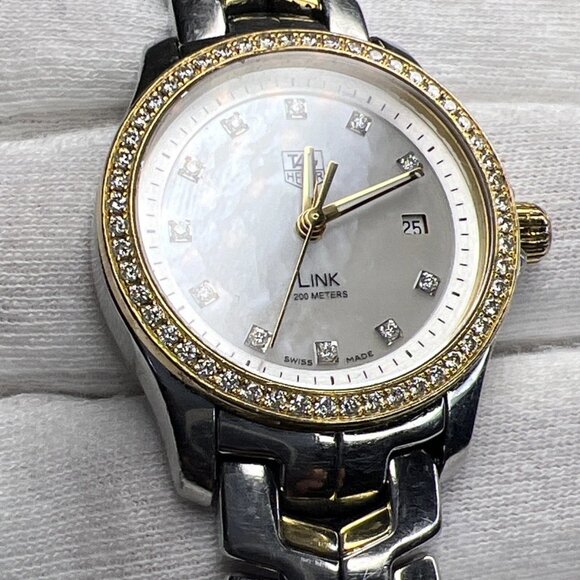 TAG Heuer Ladies Link Quartz Date Watch WJF1354 MOP Dial Diamond Bezel 27mm - Picture 3 of 16
